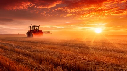 Fotobehang Agricultural tractor performing tasks at sunset with informative infographic data © Ilja
