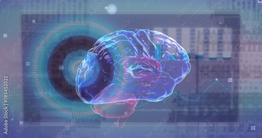 Poster image of digital interface and brain and data processing over cityscape