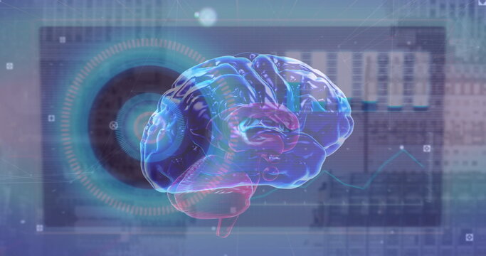 Image of digital interface and brain and data processing over cityscape