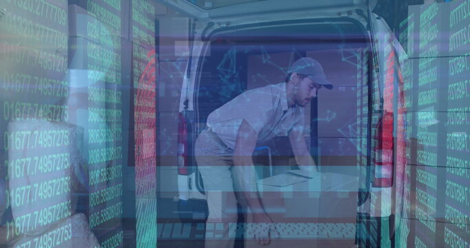 Image of financial data processing over caucasian delivery man