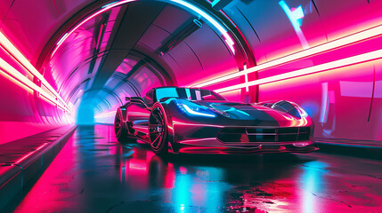 Futuristic sports car in neon-lit tunnel reflecting modern speed and design trends