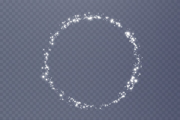 White png dust light. Christmas background of shining dust Christmas glowing light bokeh confetti and spark overlay texture for your design. White festive curve wind Png.