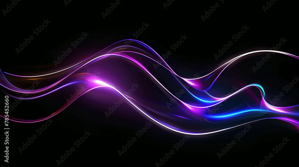 Poster abstract background of a smooth wave, neon light on a black background. generative ai