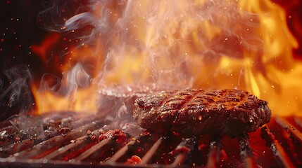 Flaming grill with sizzling juicy burger patty
