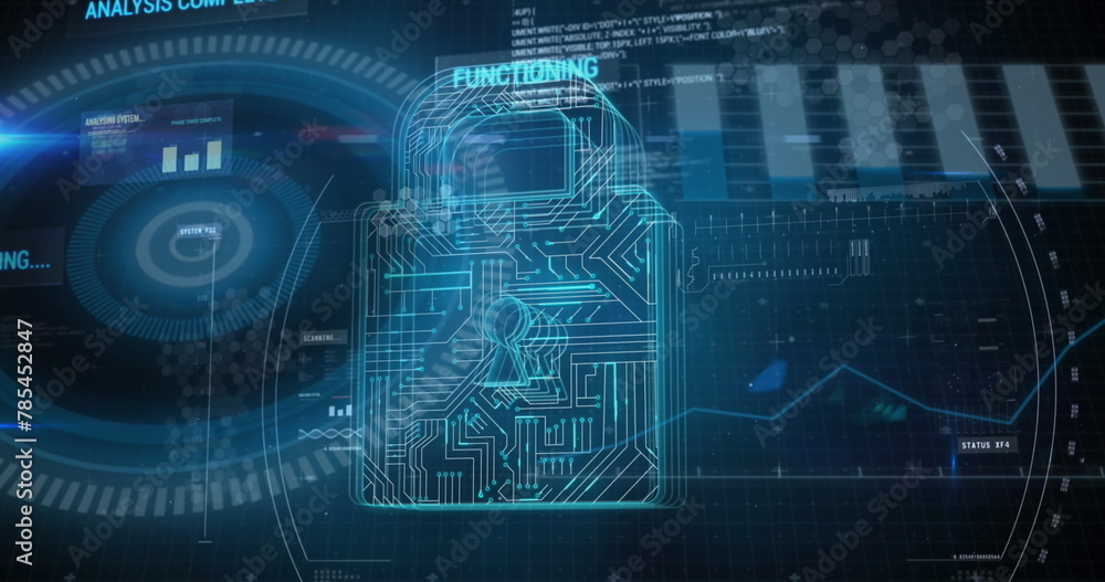 Poster image of digital screen with data and digital padlock