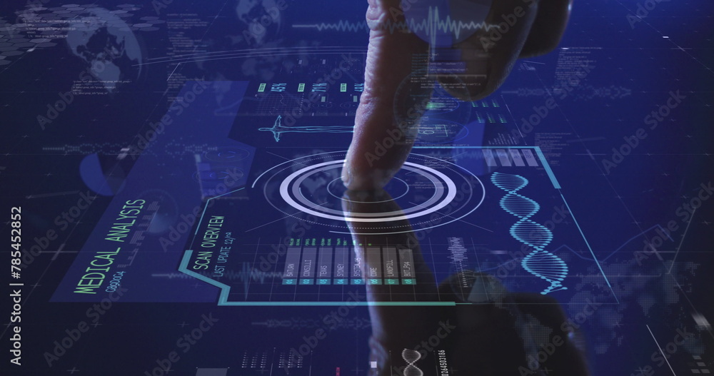 Poster image of hands of caucasian man using touchscreen with diverse data