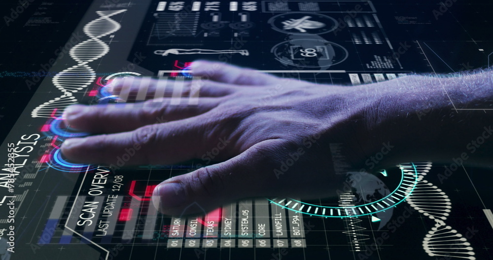 Poster image of hands of caucasian man using touchscreen with diverse data