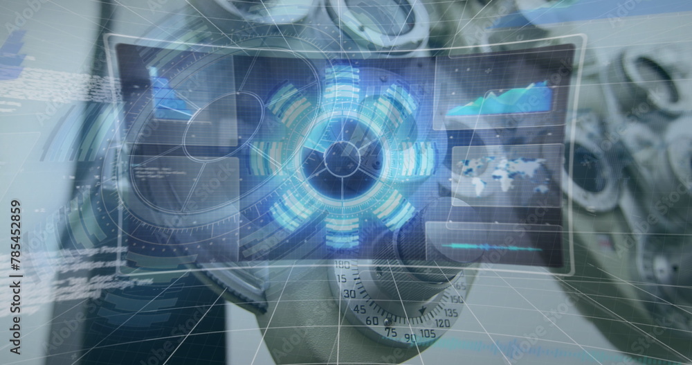 Poster image of scope scanning and data processing over businesswoman
