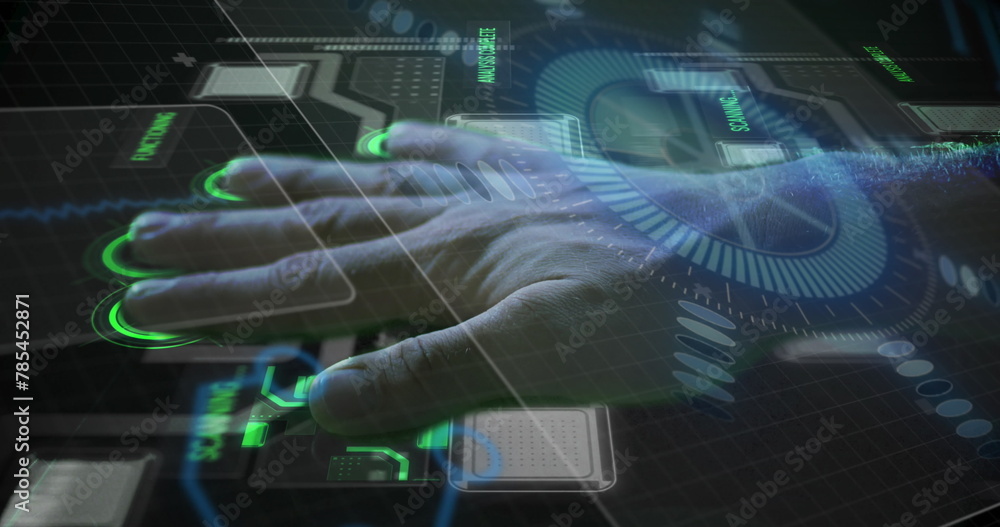 Poster image of caucasian man scanning hand with hud processing on digital interface