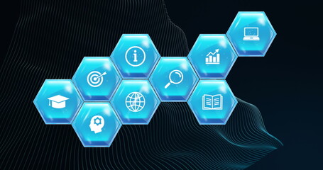 Image of education and learning icons on blue hexagons over mesh on black background