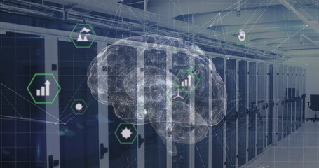 Image of brain, icons and data processing over servers