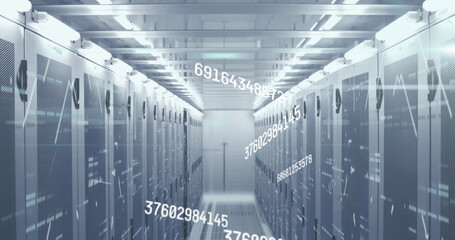 Image of numbers and data processing over computer servers