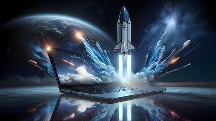 Digital Rocket Launch Soars from Laptop Screen. Generative AI