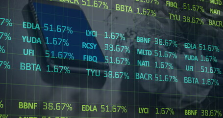 Image of stock market data processing against close up of a smartphone