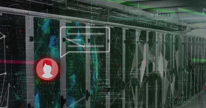 Image of message icons and data processing over computer servers