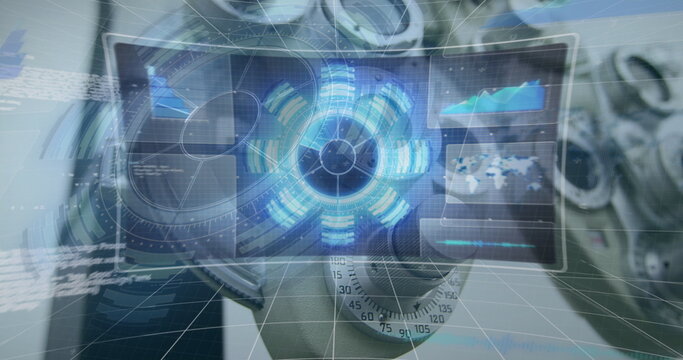Image of scope scanning and data processing over businesswoman