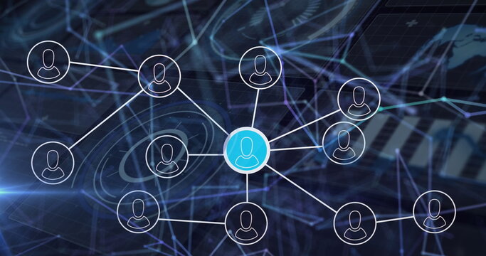 Image of profile icons connecting dots, geometric shapes, hud processing on digital interface