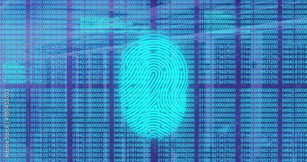 Poster image of fingerprint scanner over data processing against blue background