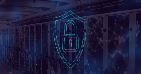 Image of security padlock icon over network of connections against computer server room