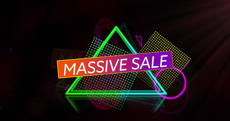 Image of snow falling over warning sing with sale text on dark background