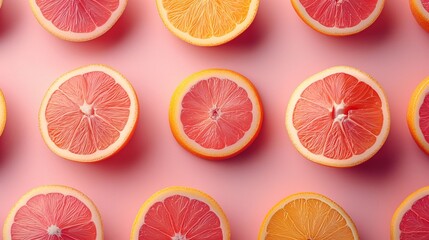 Top view of a colorful pattern with sliced citrus fruits on a pink background