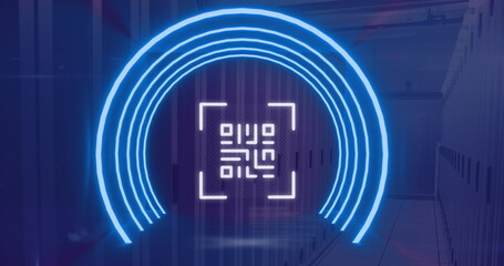 Image of neon qr code scanner and data processing against computer server room