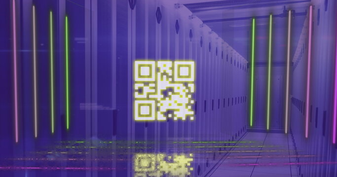 Image of data processing and qr code over computer servers
