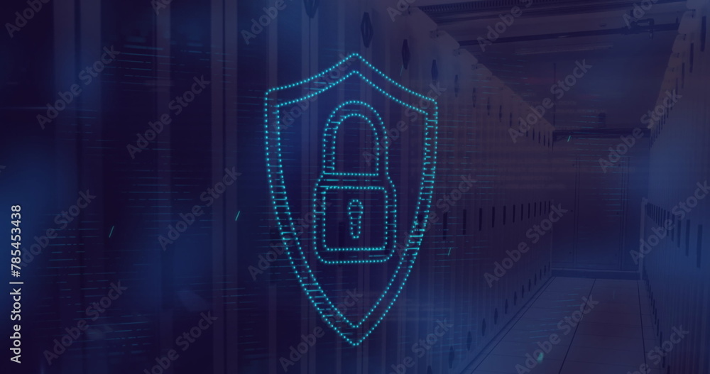 Poster image of security padlock icon and light spot against computer server room