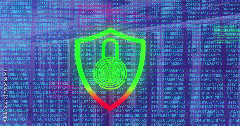 Aufkleber image of data processing and biometric fingerprint padlock over computer servers