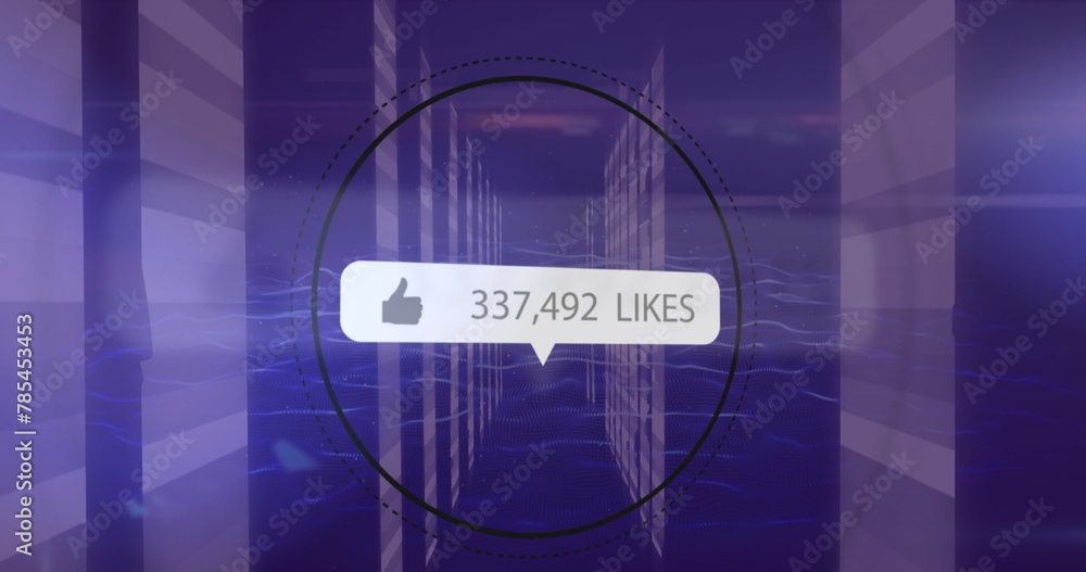 Poster image of like icon with increasing numbers against light trails and digital waves