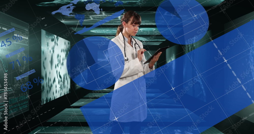 Poster image of scope scanning and data processing over businessman handshake