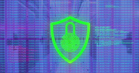 Image of data processing and biometric fingerprint padlock over computer servers