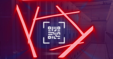 Image of neon qr code scanner and data processing against computer server room