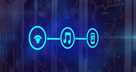 Image of connected blue media icons and network of connections over computer servers