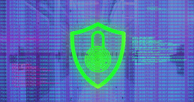 Image of data processing and biometric fingerprint padlock over computer servers
