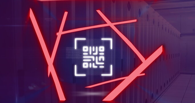 Image of neon qr code scanner and data processing against computer server room