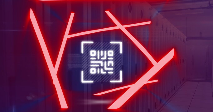Image of neon qr code scanner and data processing against computer server room