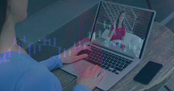 Image of online security padlock over caucasian businesswoman on laptop image call
