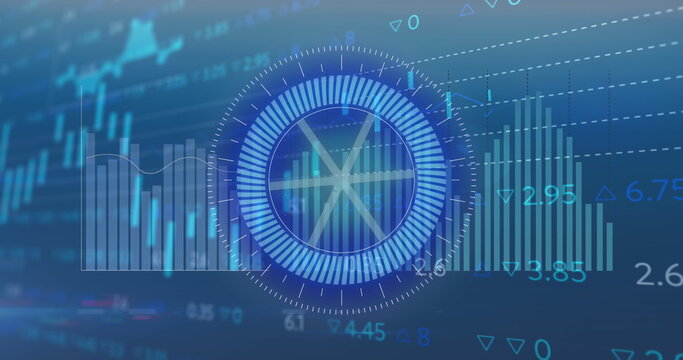 Image of round scanner spinning over statistical data processing against blue background