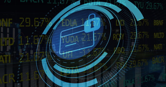 Digital image of neon round scanner and data processing against caucasian night sky