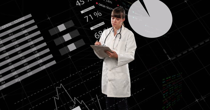 Image of financial data processing over female doctor - Powered by Adobe