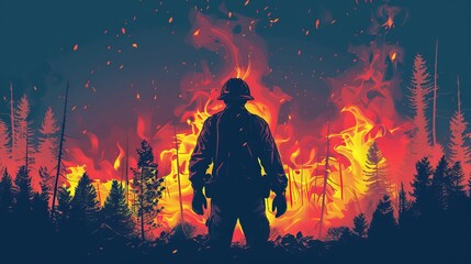 A firefighter stands before a raging forest fire - obrazy, fototapety, plakaty