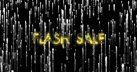 Image of flash sale text over binary matrix code on dark background