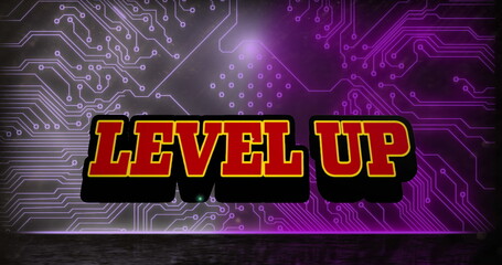 Image of level up text over computer matrix on dark background