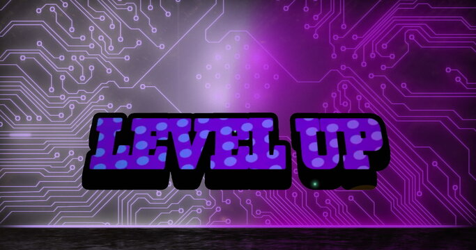 Image of level up text over computer matrix on dark background