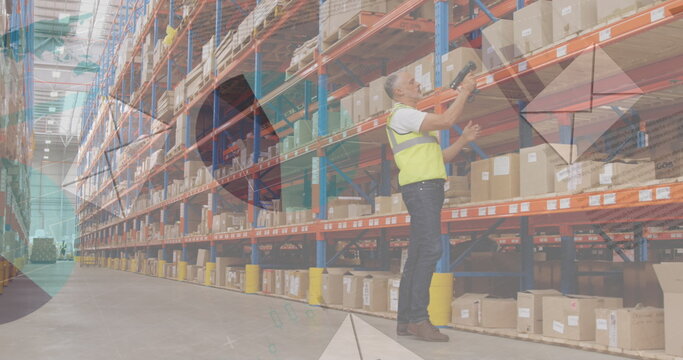 Image of financial data processing with envelope icons over caucasian male worker in warehouse - Powered by Adobe
