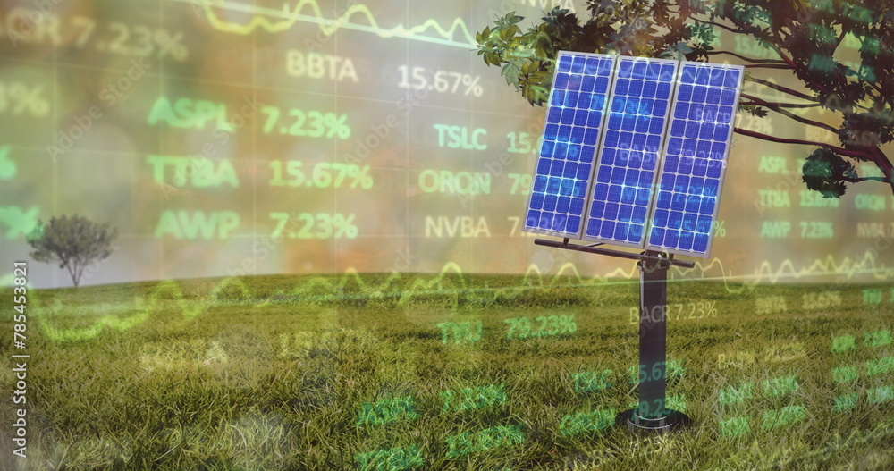Poster image of financial data processing over solar panel on grass in background