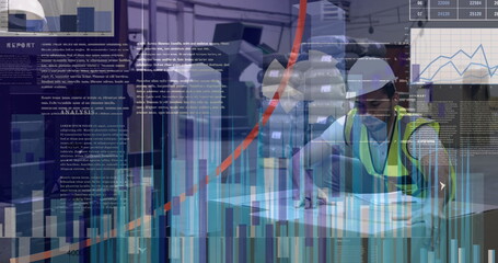Image of financial data processing over caucasian male worker in warehouse