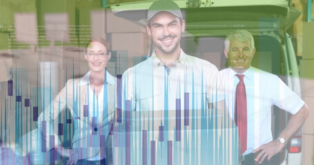 Image of financial data processing over diverse workers in warehouse