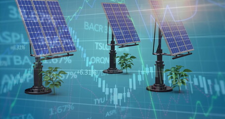 Image of solar panels with plants over graph and trading board - Powered by Adobe